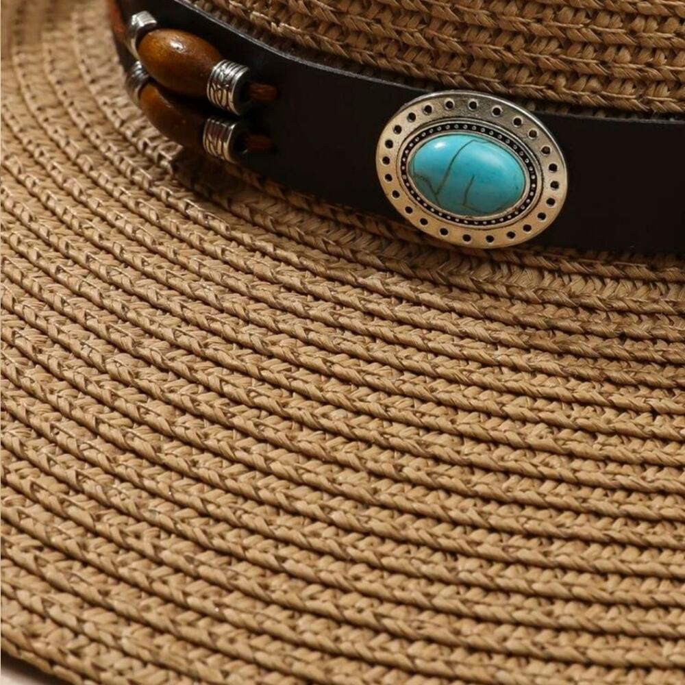 Cowboy Hat Beaded Turquoise Western NWT Womens Mens Brown Adjustable - Picture 3 of 4